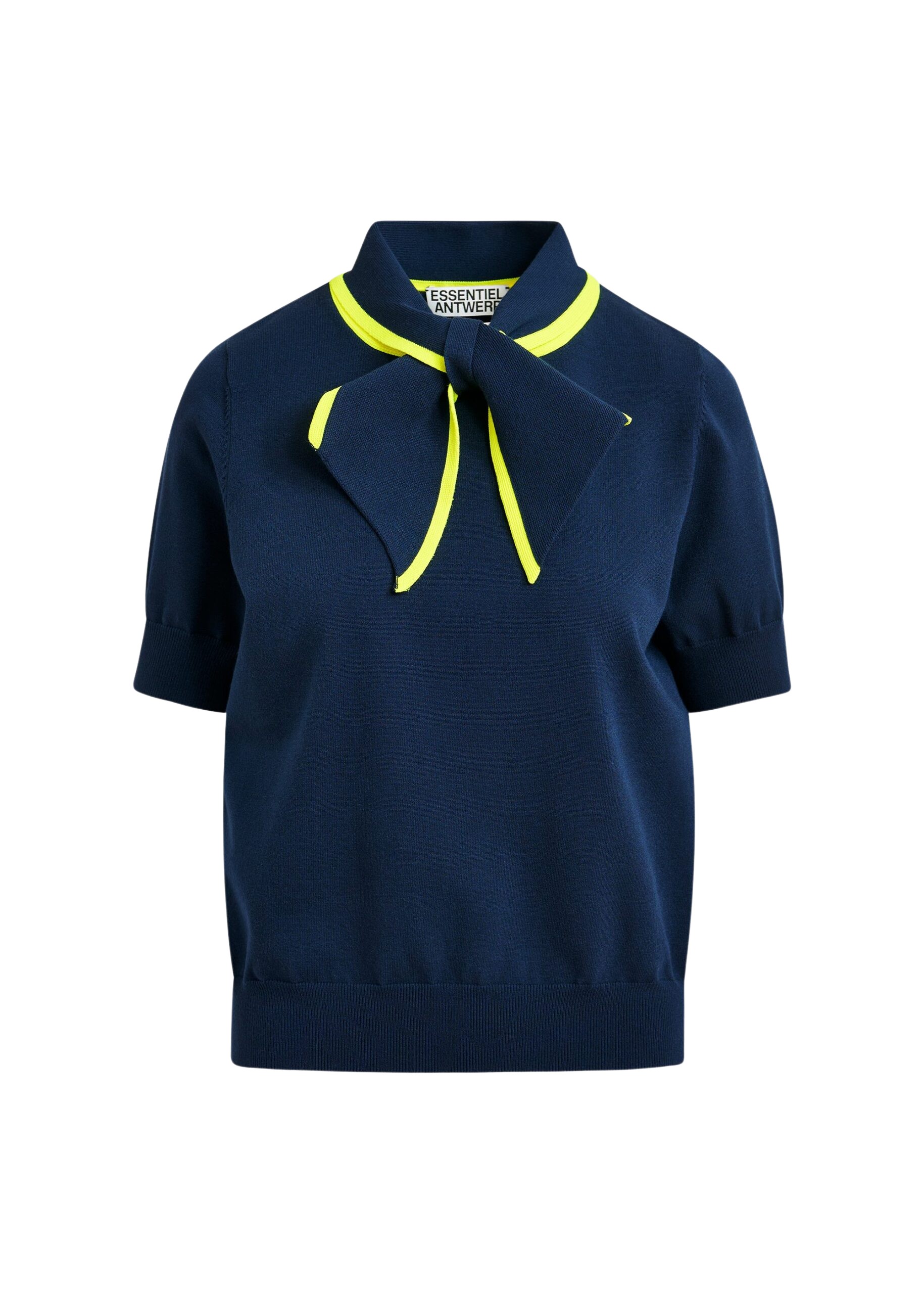 Essentiel Antwerp Navy fine-knit polo with bright yellow scarf-like contrast collar Top