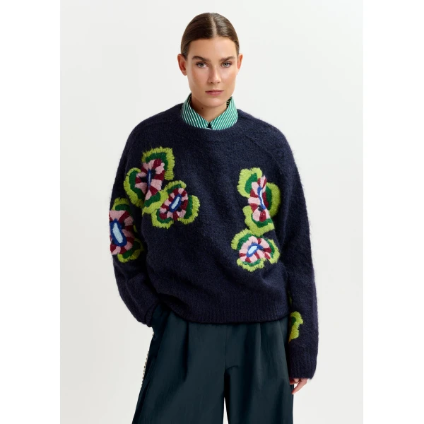 green and red fine knit sweater with embroidered flowers - Essentiel Antwerp Knitwear - Colorful Belgian Design - Shop at Luxury Shoes 