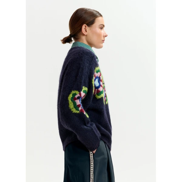 green and red fine knit sweater with embroidered flowers - Essentiel Antwerp Knitwear - Colorful Belgian Design - Shop at Luxury Shoes 