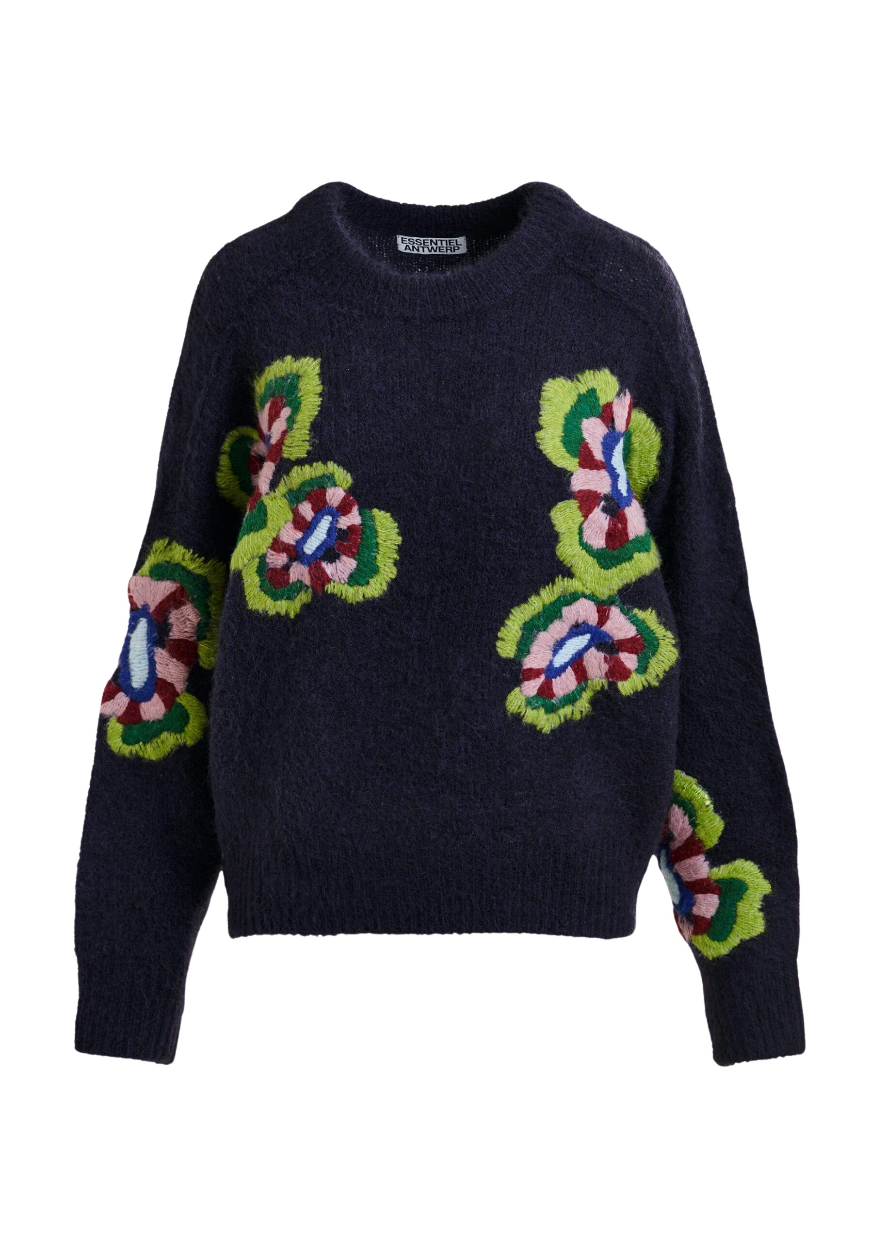Essentiel Antwerp Navy, green and red fine knit sweater with embroidered flowers