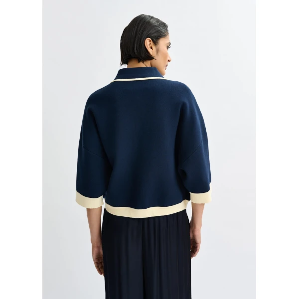 Essentiel Antwerp Navy knit cardigan with flower buttons and off-white contrasting trims - Essentiel Antwerp Knitwear - Colorful Belgian Design - Shop at Luxury Shoes 