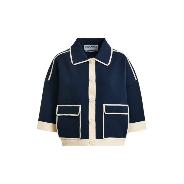 Essentiel Antwerp Navy knit cardigan with flower buttons and off-white contrasting trims - Essentiel Antwerp Knitwear - Colorful Belgian Design - Shop at Luxury Shoes 