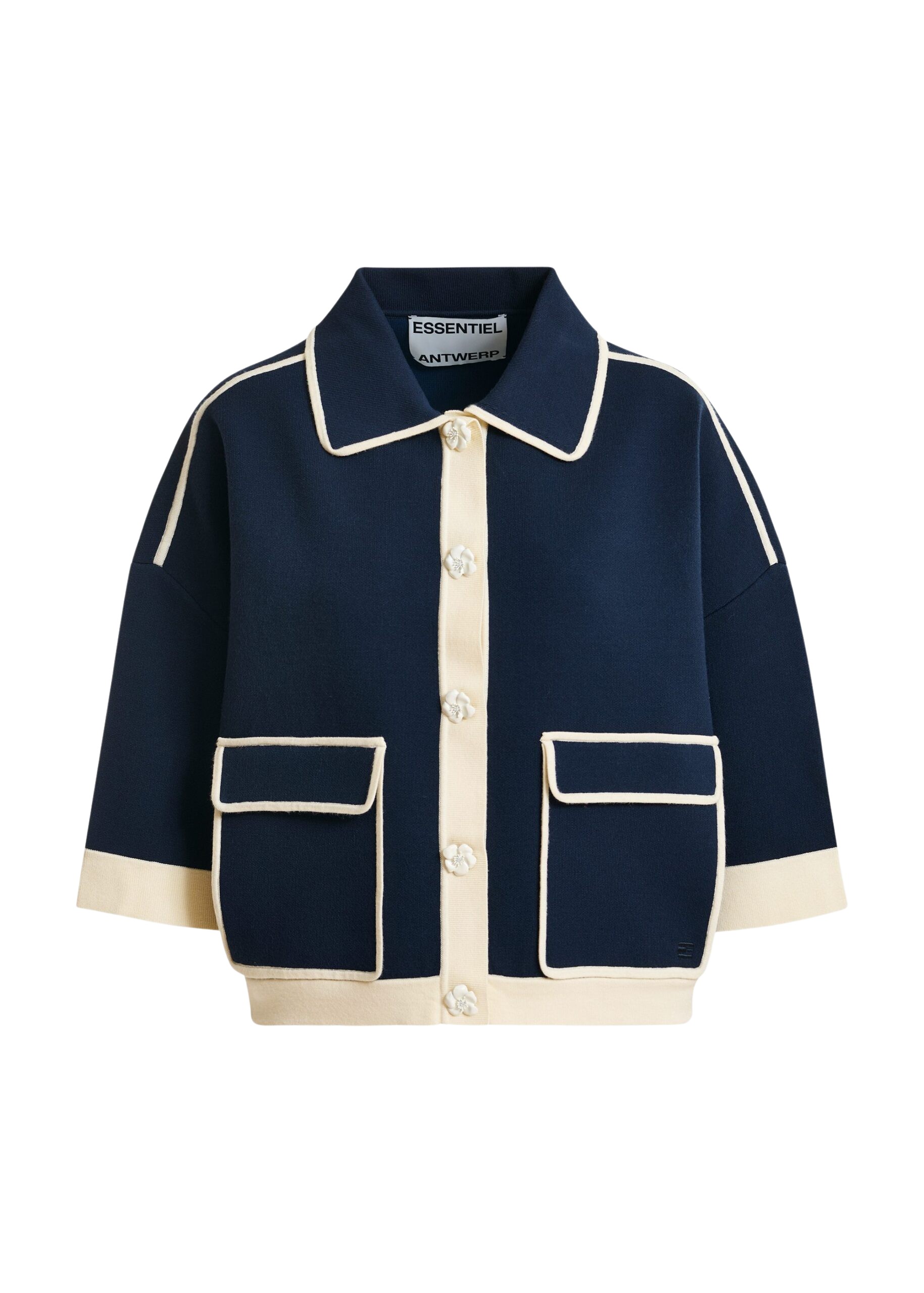 Essentiel Antwerp Navy knit cardigan with flower buttons and off-white contrasting trims