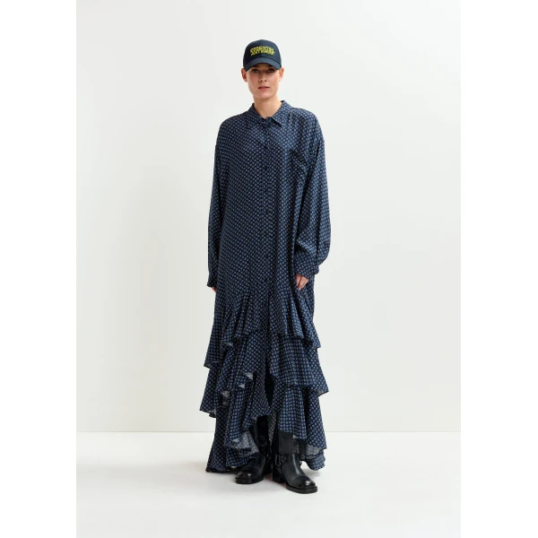 off-white and green oversized printed maxi shirt dress with ruffled hemline - Essentiel Antwerp Dresses - Colorful Belgian Design - Shop at Luxury Shoes 