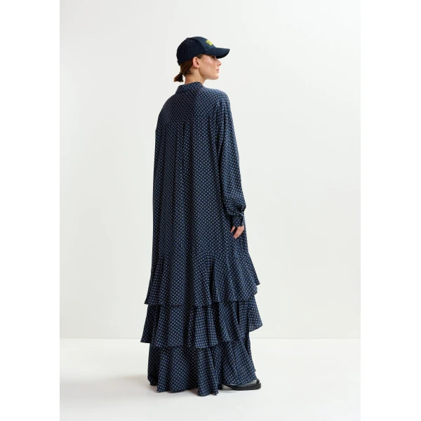 off-white and green oversized printed maxi shirt dress with ruffled hemline - Essentiel Antwerp Dresses - Colorful Belgian Design - Shop at Luxury Shoes 