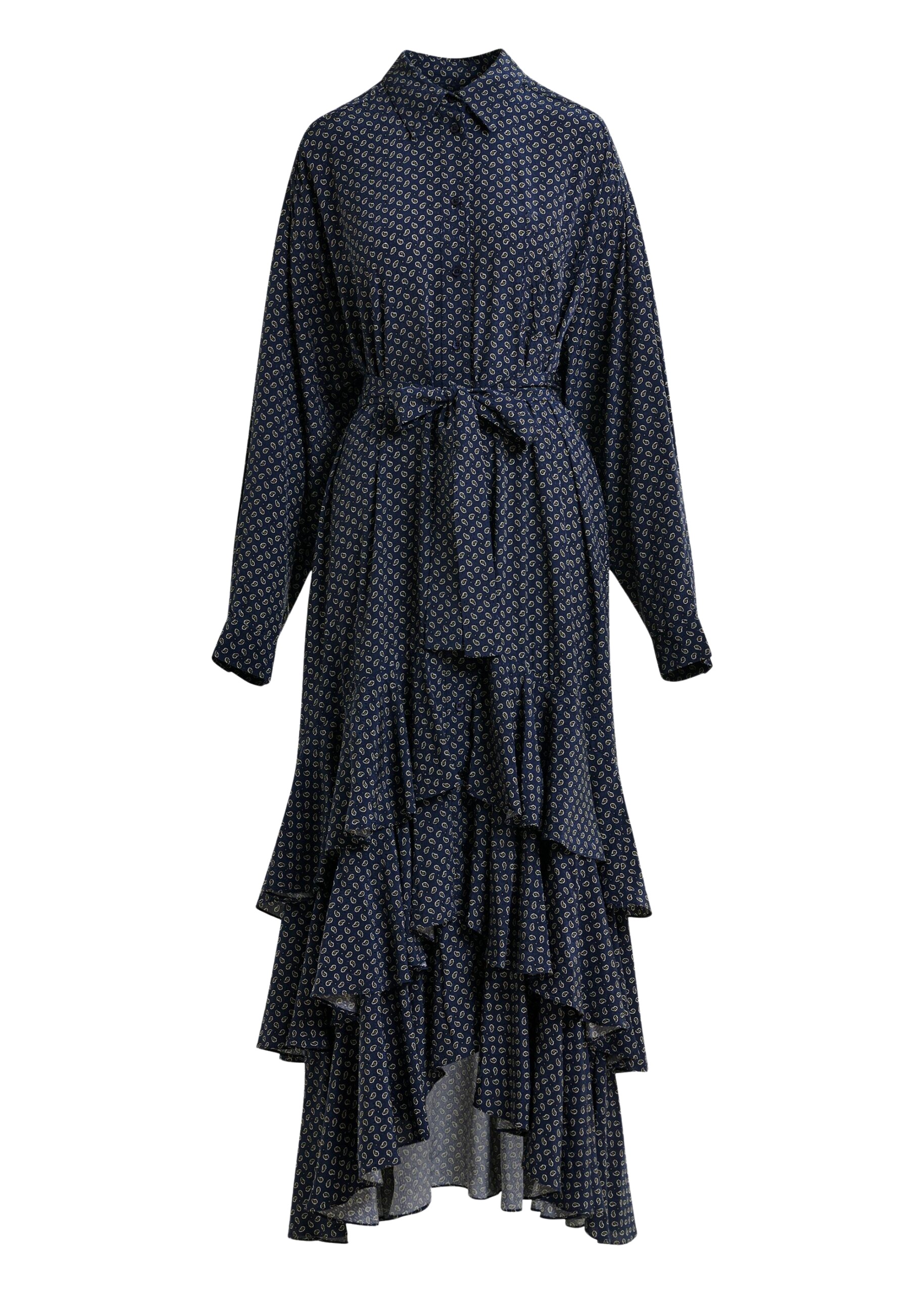 Essentiel Antwerp Navy, off-white and green oversized printed maxi shirt dress with ruffled hemline