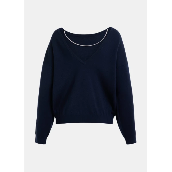 Essentiel Antwerp Navy open-back sweater with rhinestone strings - Essentiel Antwerp Knitwear - Colorful Belgian Design - Shop at Luxury Shoes 