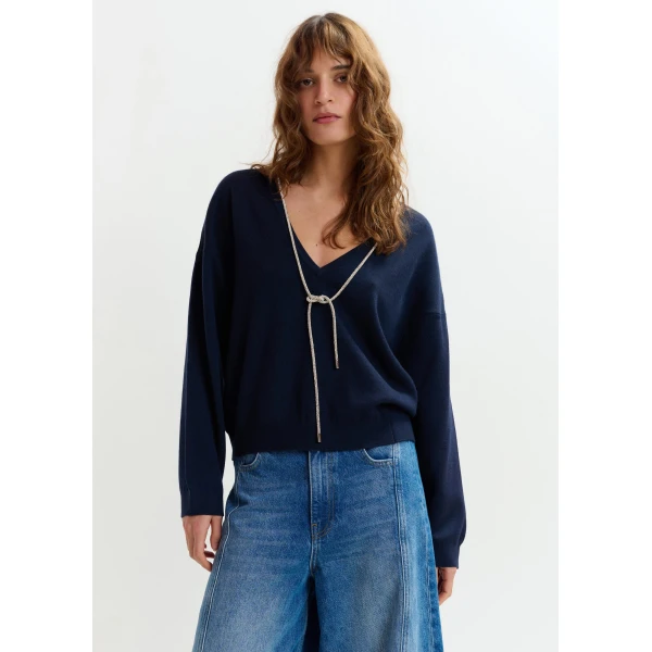 Essentiel Antwerp Navy open-back sweater with rhinestone strings - Essentiel Antwerp Knitwear - Colorful Belgian Design - Shop at Luxury Shoes 