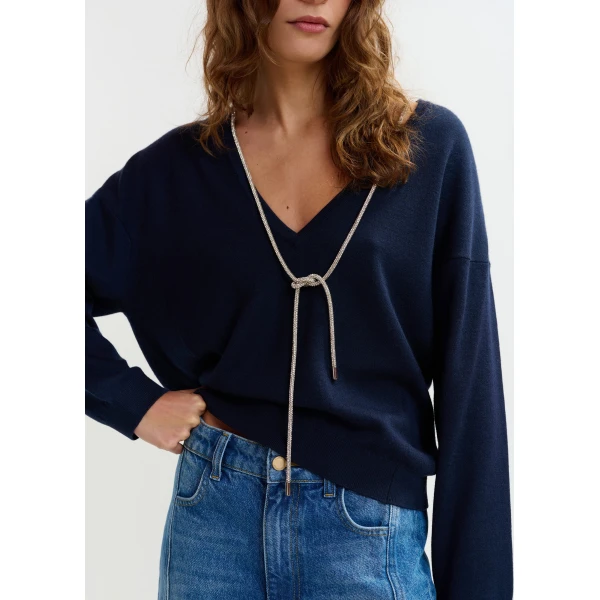 Essentiel Antwerp Navy open-back sweater with rhinestone strings - Essentiel Antwerp Knitwear - Colorful Belgian Design - Shop at Luxury Shoes 