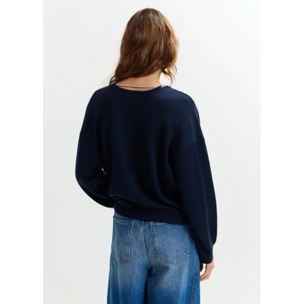 Essentiel Antwerp Navy open-back sweater with rhinestone strings - Essentiel Antwerp Knitwear - Colorful Belgian Design - Shop at Luxury Shoes 