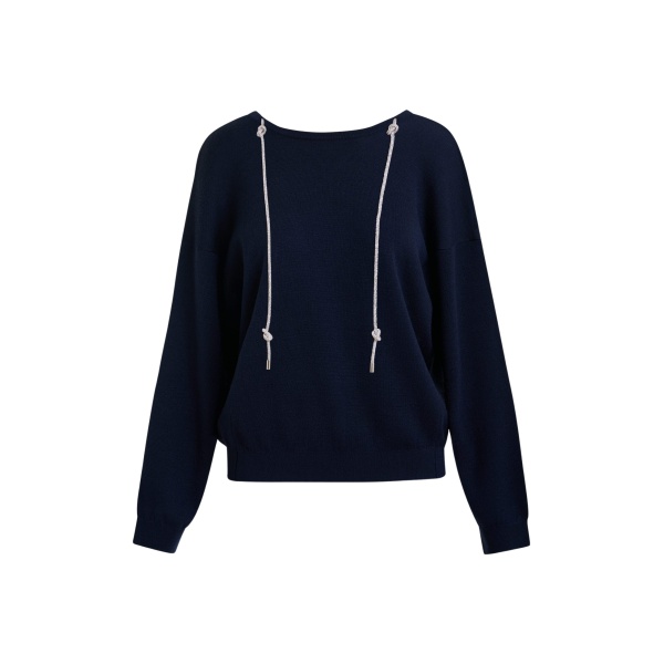 Essentiel Antwerp Navy open-back sweater with rhinestone strings - Essentiel Antwerp Knitwear - Colorful Belgian Design - Shop at Luxury Shoes 