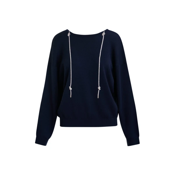 Essentiel Antwerp Navy open-back sweater with rhinestone strings - Essentiel Antwerp Knitwear - Colorful Belgian Design - Shop at Luxury Shoes 