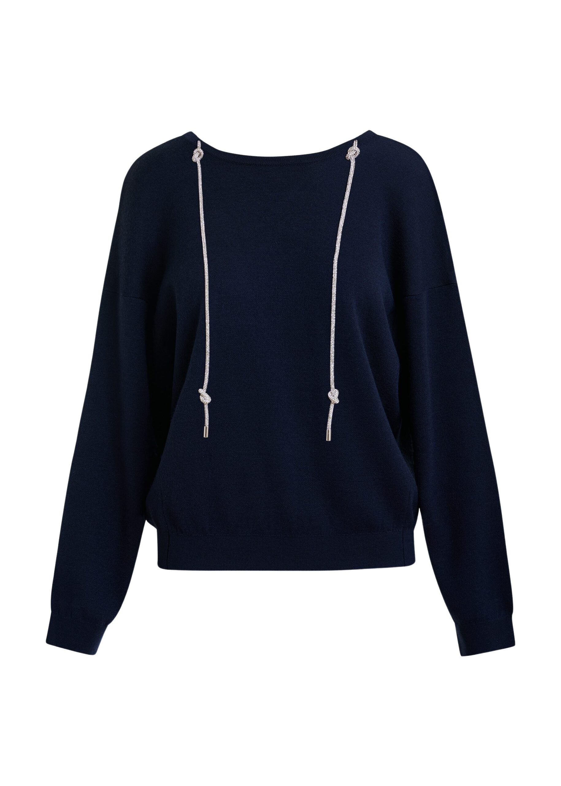 Essentiel Antwerp Navy open-back sweater with rhinestone strings
