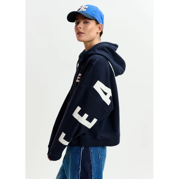 Essentiel Antwerp Navy oversized cotton hoodie with "fearless"-print - Essentiel Antwerp Hoodies - Colorful Belgian Design - Shop at Luxury Shoes 