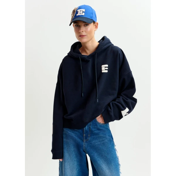 Essentiel Antwerp Navy oversized cotton hoodie with "fearless"-print - Essentiel Antwerp Hoodies - Colorful Belgian Design - Shop at Luxury Shoes 
