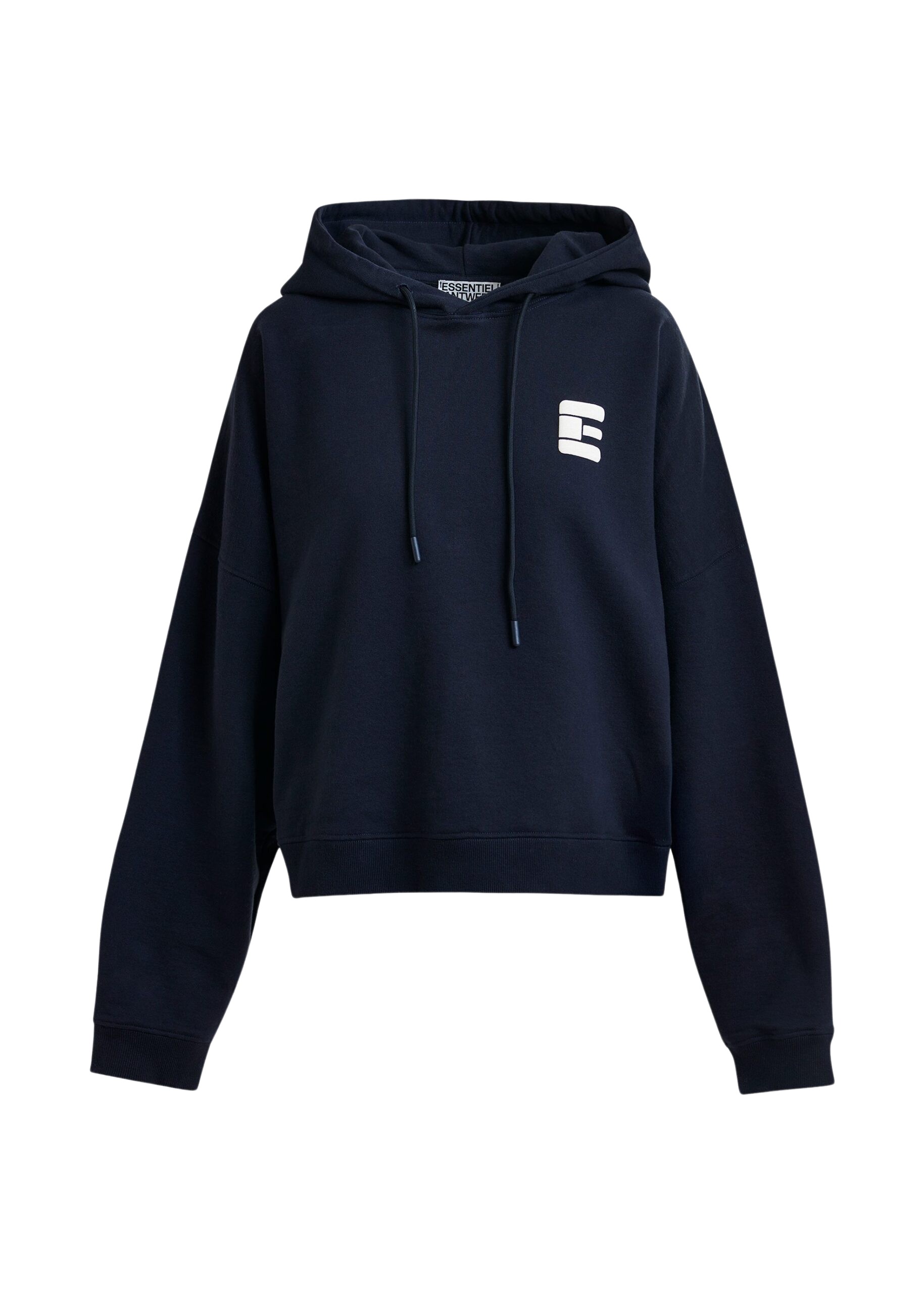 Essentiel Antwerp Navy oversized cotton hoodie with "fearless"-print - Essentiel Antwerp Hoodies - Colorful Belgian Design - Shop at Luxury Shoes 