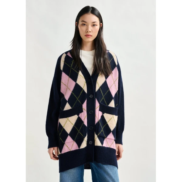 pink and beige argyle wool-blend cardigan - Essentiel Antwerp Knitwear - Colorful Belgian Design - Shop at Luxury Shoes 