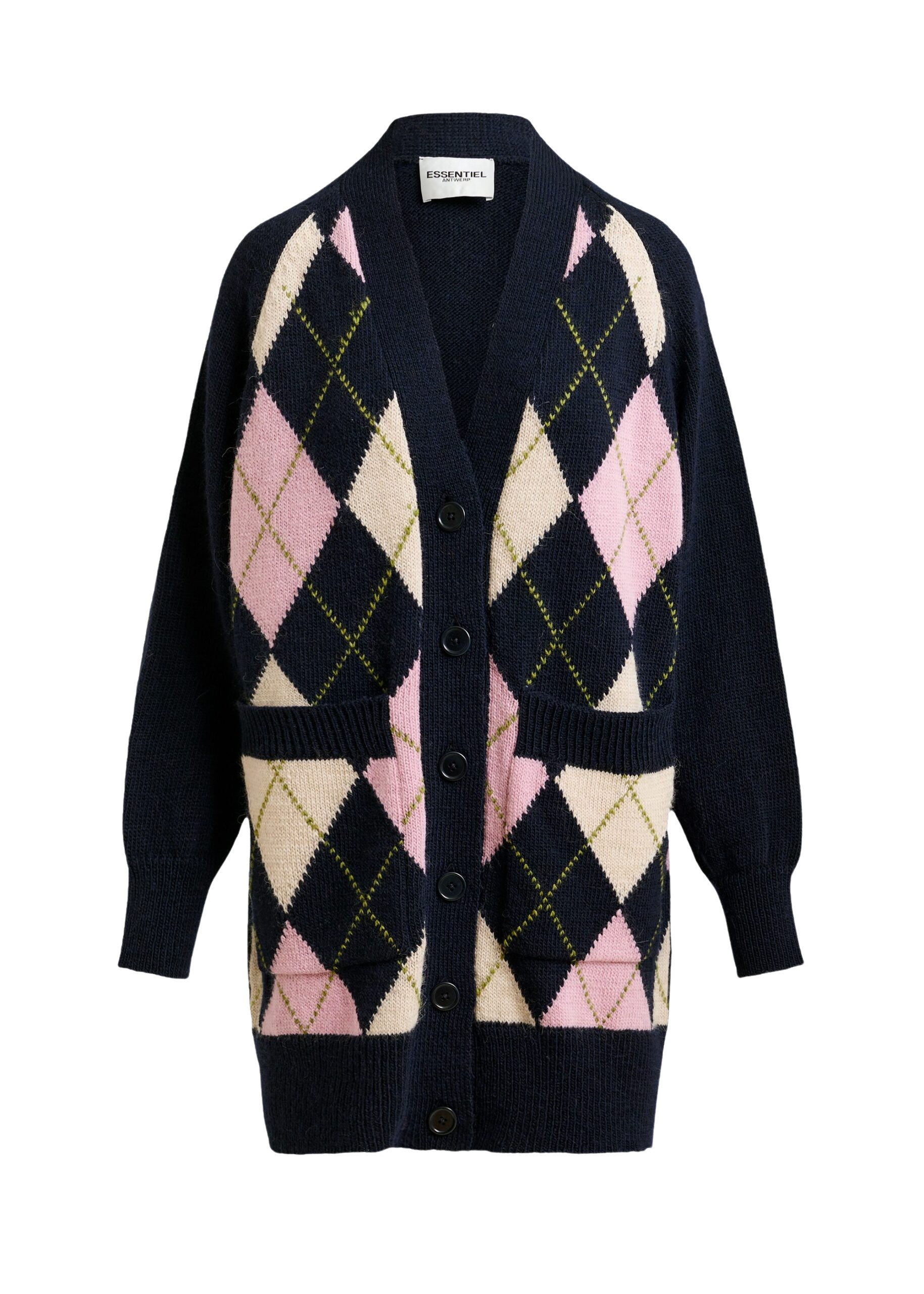 Essentiel Antwerp Navy, pink and beige argyle wool-blend cardigan