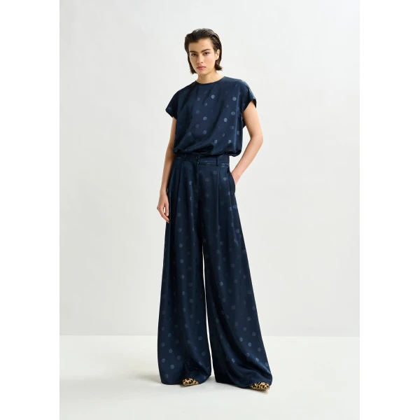 Essentiel Antwerp Navy printed wide-leg pants - Essentiel Antwerp Pants - Colorful Belgian Design - Shop at Luxury Shoes 