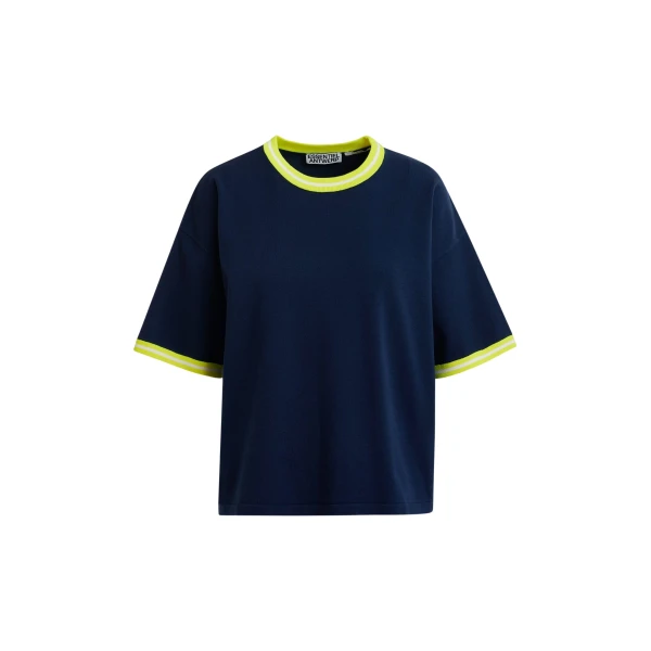 Essentiel Antwerp Navy slightly cropped knit T-shirt with bright yellow contrasting trim - Essentiel Antwerp Shirts - Colorful Belgian Design - Shop at Luxury Shoes 