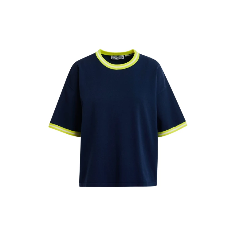 Essentiel Antwerp Navy slightly cropped knit T-shirt with bright yellow contrasting trim - Essentiel Antwerp Shirts - Colorful Belgian Design - Shop at Luxury Shoes 