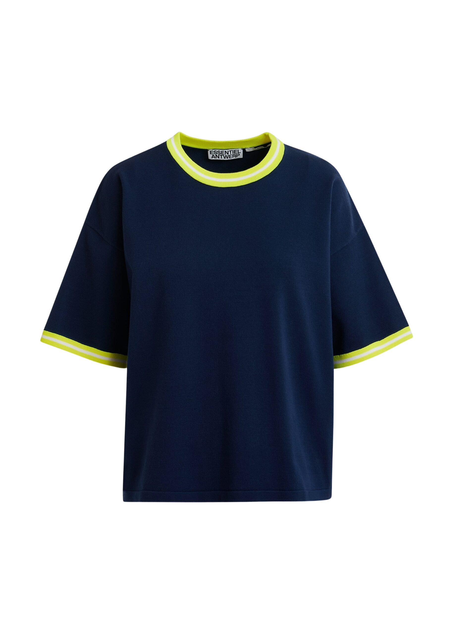 Essentiel Antwerp Navy slightly cropped knit T-shirt with bright yellow contrasting trim