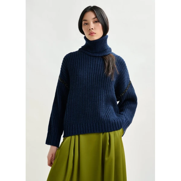 Essentiel Antwerp Navy wool-blend turtleneck with detachable collar and rhinestone embellishments - Essentiel Antwerp Knitwear - Colorful Belgian Design - Shop at Luxury Shoes 