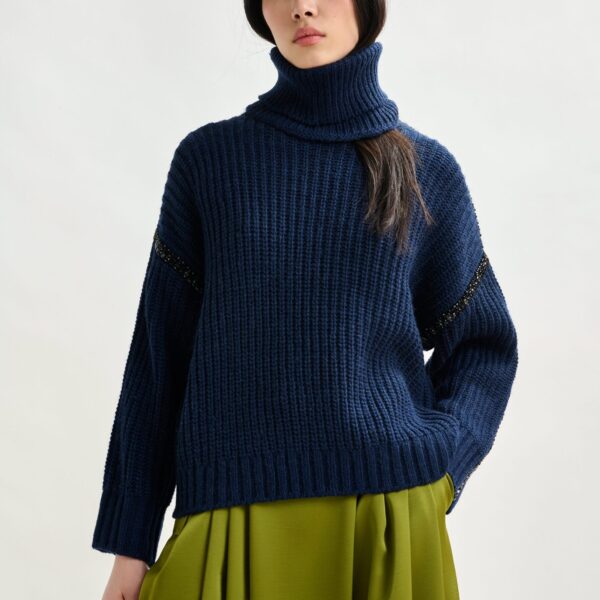 Essentiel Antwerp Navy wool-blend turtleneck with detachable collar and rhinestone embellishments Knit, view 2