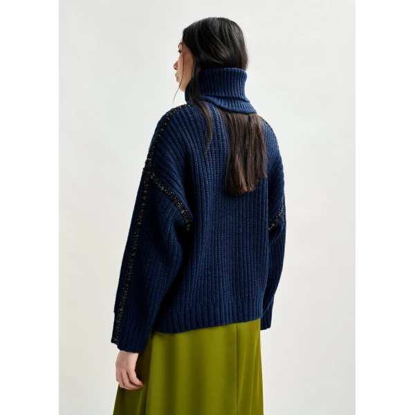 Essentiel Antwerp Navy wool-blend turtleneck with detachable collar and rhinestone embellishments - Essentiel Antwerp Knitwear - Colorful Belgian Design - Shop at Luxury Shoes 