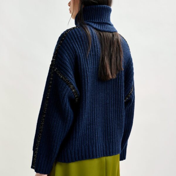Essentiel Antwerp Navy wool-blend turtleneck with detachable collar and rhinestone embellishments Knit, view 3