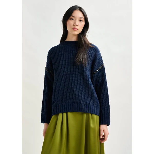 Essentiel Antwerp Navy wool-blend turtleneck with detachable collar and rhinestone embellishments - Essentiel Antwerp Knitwear - Colorful Belgian Design - Shop at Luxury Shoes 