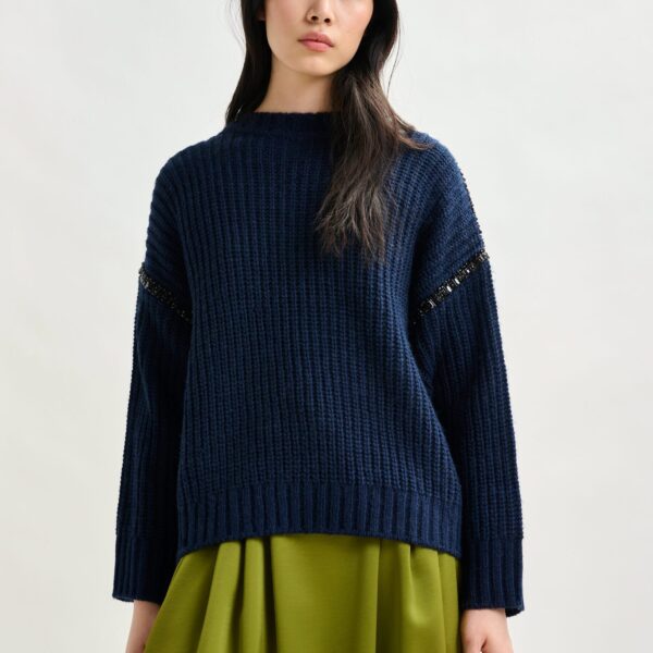 Essentiel Antwerp Navy wool-blend turtleneck with detachable collar and rhinestone embellishments Knit, view 4