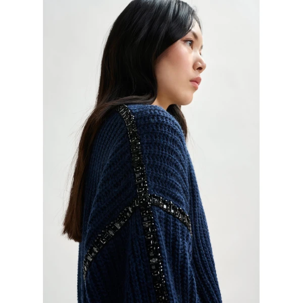 Essentiel Antwerp Navy wool-blend turtleneck with detachable collar and rhinestone embellishments - Essentiel Antwerp Knitwear - Colorful Belgian Design - Shop at Luxury Shoes 