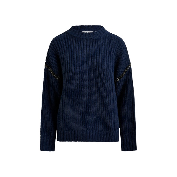 Essentiel Antwerp Navy wool-blend turtleneck with detachable collar and rhinestone embellishments - Essentiel Antwerp Knitwear - Colorful Belgian Design - Shop at Luxury Shoes 