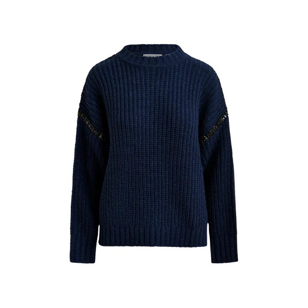 Essentiel Antwerp Navy wool-blend turtleneck with detachable collar and rhinestone embellishments - Essentiel Antwerp Knitwear - Colorful Belgian Design - Shop at Luxury Shoes 