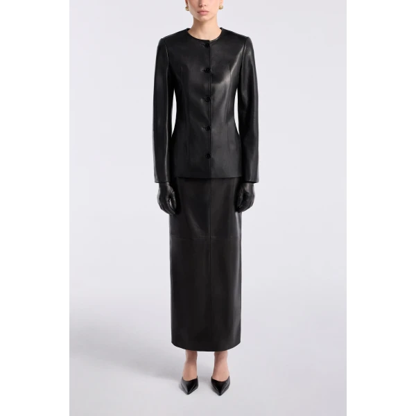 Nour Hammour Jackets Color | Maud Chic Collarless Blazer luxury leather Jackets from Luxury Shoes 
