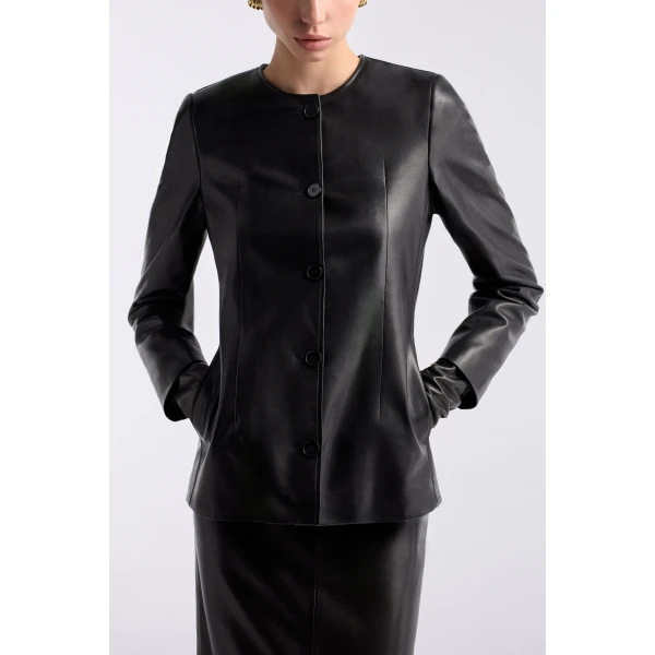 Nour Hammour Jackets Color | Maud Chic Collarless Blazer luxury leather Jackets from Luxury Shoes 