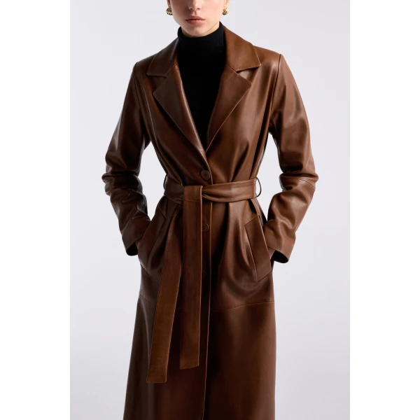 Nour Hammour Coats Color | Scarlett Polished Leather Trench luxury leather Coats from Luxury Shoes 