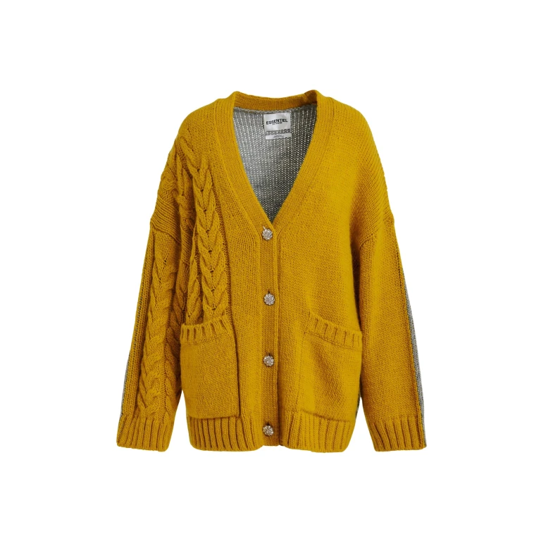 Essentiel Antwerp Ochre and grey wool-blend cardigan with contrasting back - Essentiel Antwerp Knitwear - Colorful Belgian Design - Shop at Luxury Shoes 