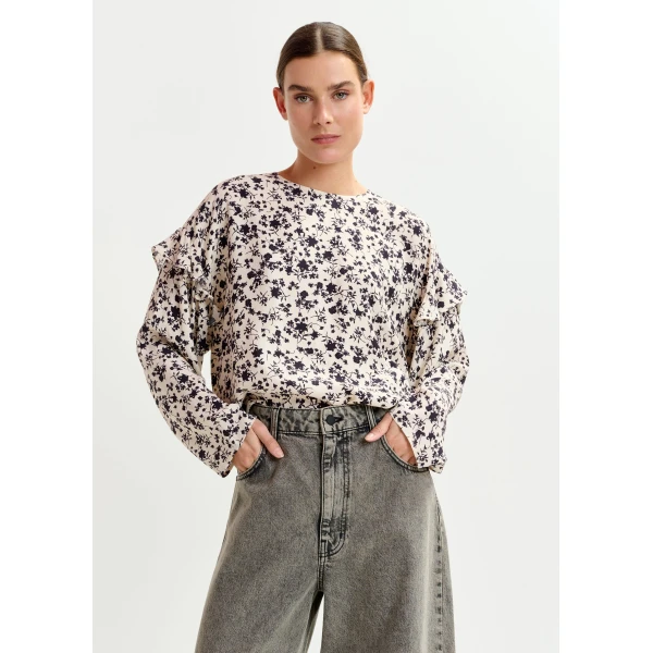 Essentiel Antwerp Off-white and black floral top with ruffle detail - Essentiel Antwerp Tops - Colorful Belgian Design - Shop at Luxury Shoes 