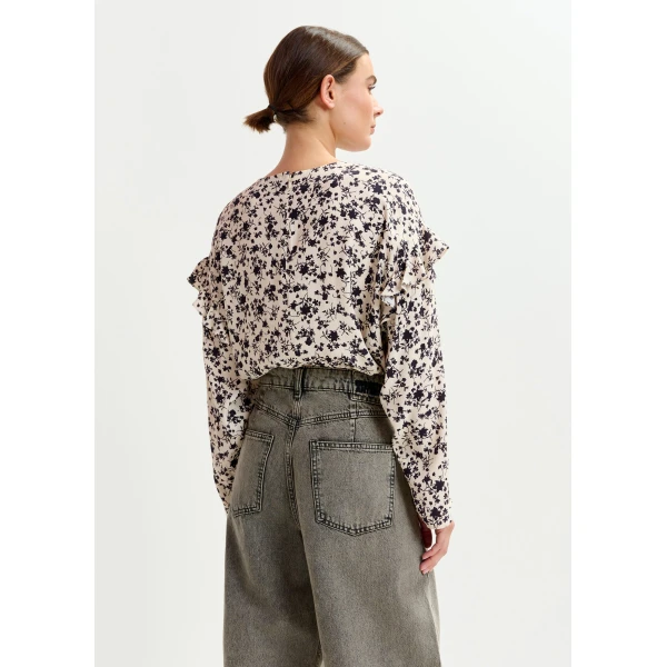 Essentiel Antwerp Off-white and black floral top with ruffle detail - Essentiel Antwerp Tops - Colorful Belgian Design - Shop at Luxury Shoes 