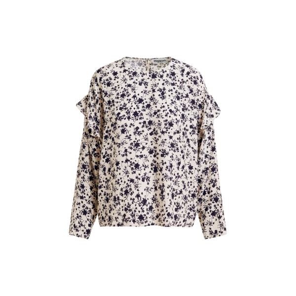 Essentiel Antwerp Off-white and black floral top with ruffle detail - Essentiel Antwerp Tops - Colorful Belgian Design - Shop at Luxury Shoes 