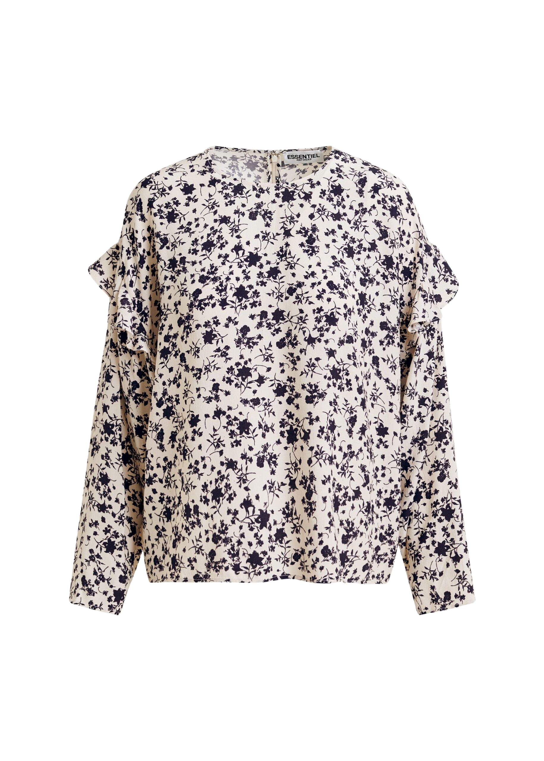 Essentiel Antwerp Off-white and black floral top with ruffle detail