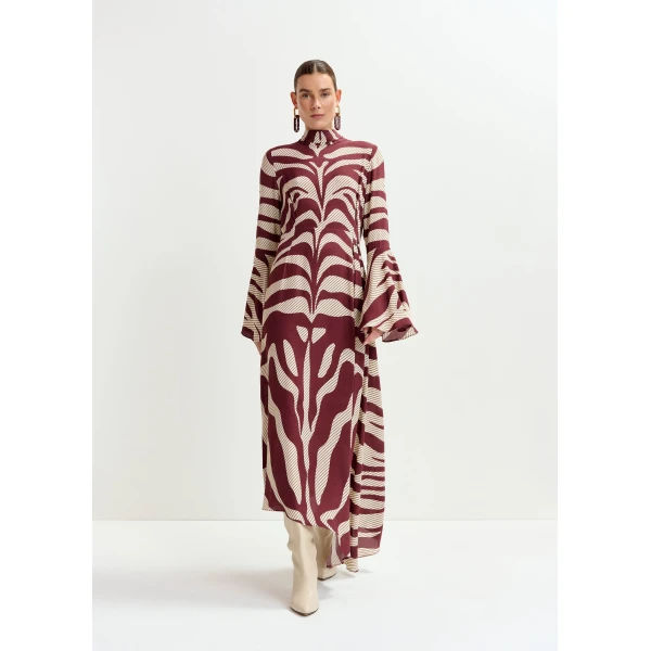Essentiel Antwerp Off-white and burgundy asymmetric zebraprint maxi dress with pussy bow tie - Essentiel Antwerp Dresses - Colorful Belgian Design - Shop at Luxury Shoes 