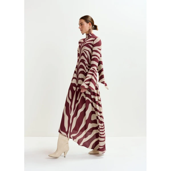 Essentiel Antwerp Off-white and burgundy asymmetric zebraprint maxi dress with pussy bow tie - Essentiel Antwerp Dresses - Colorful Belgian Design - Shop at Luxury Shoes 