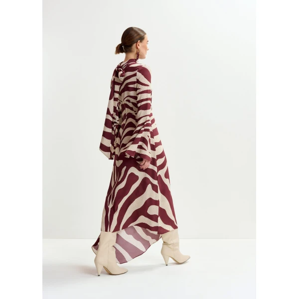 Essentiel Antwerp Off-white and burgundy asymmetric zebraprint maxi dress with pussy bow tie - Essentiel Antwerp Dresses - Colorful Belgian Design - Shop at Luxury Shoes 