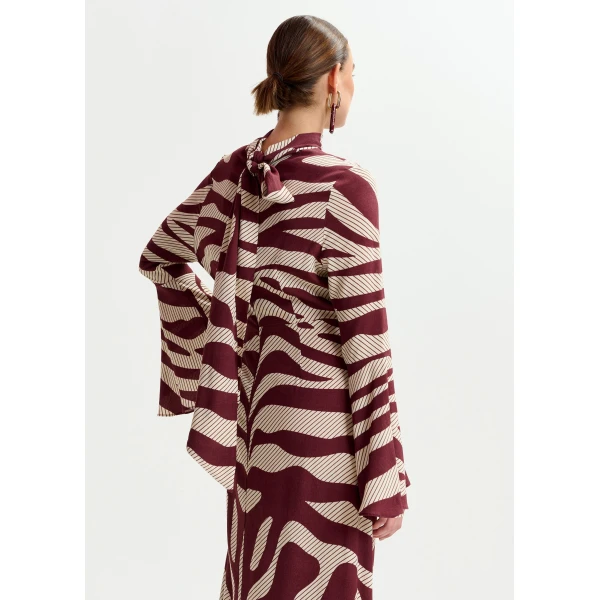 Essentiel Antwerp Off-white and burgundy asymmetric zebraprint maxi dress with pussy bow tie - Essentiel Antwerp Dresses - Colorful Belgian Design - Shop at Luxury Shoes 