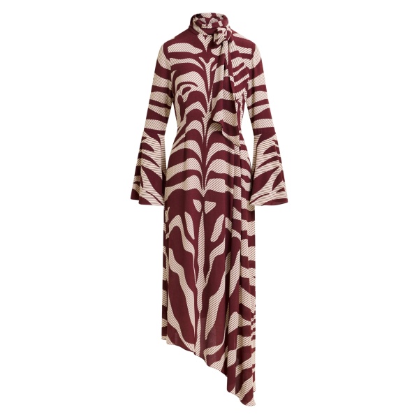 Essentiel Antwerp Off-white and burgundy asymmetric zebraprint maxi dress with pussy bow tie - Essentiel Antwerp Dresses - Colorful Belgian Design - Shop at Luxury Shoes 