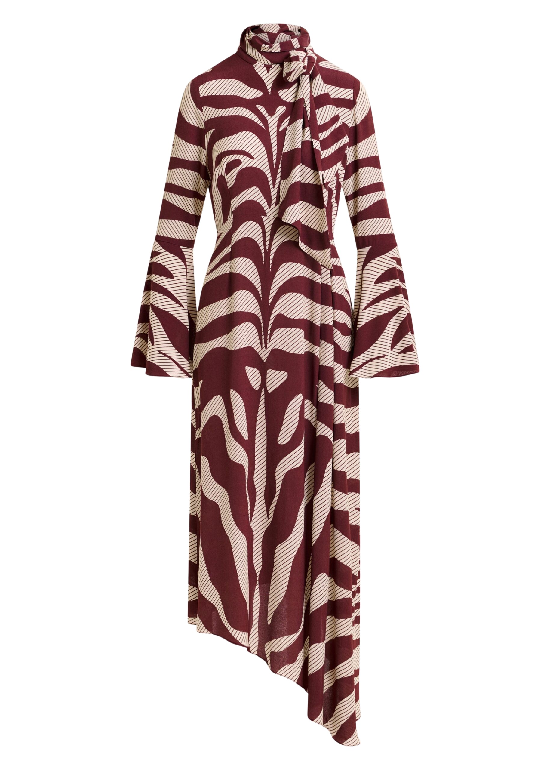 Essentiel Antwerp Off-white and burgundy asymmetric zebraprint maxi dress with pussy bow tie
