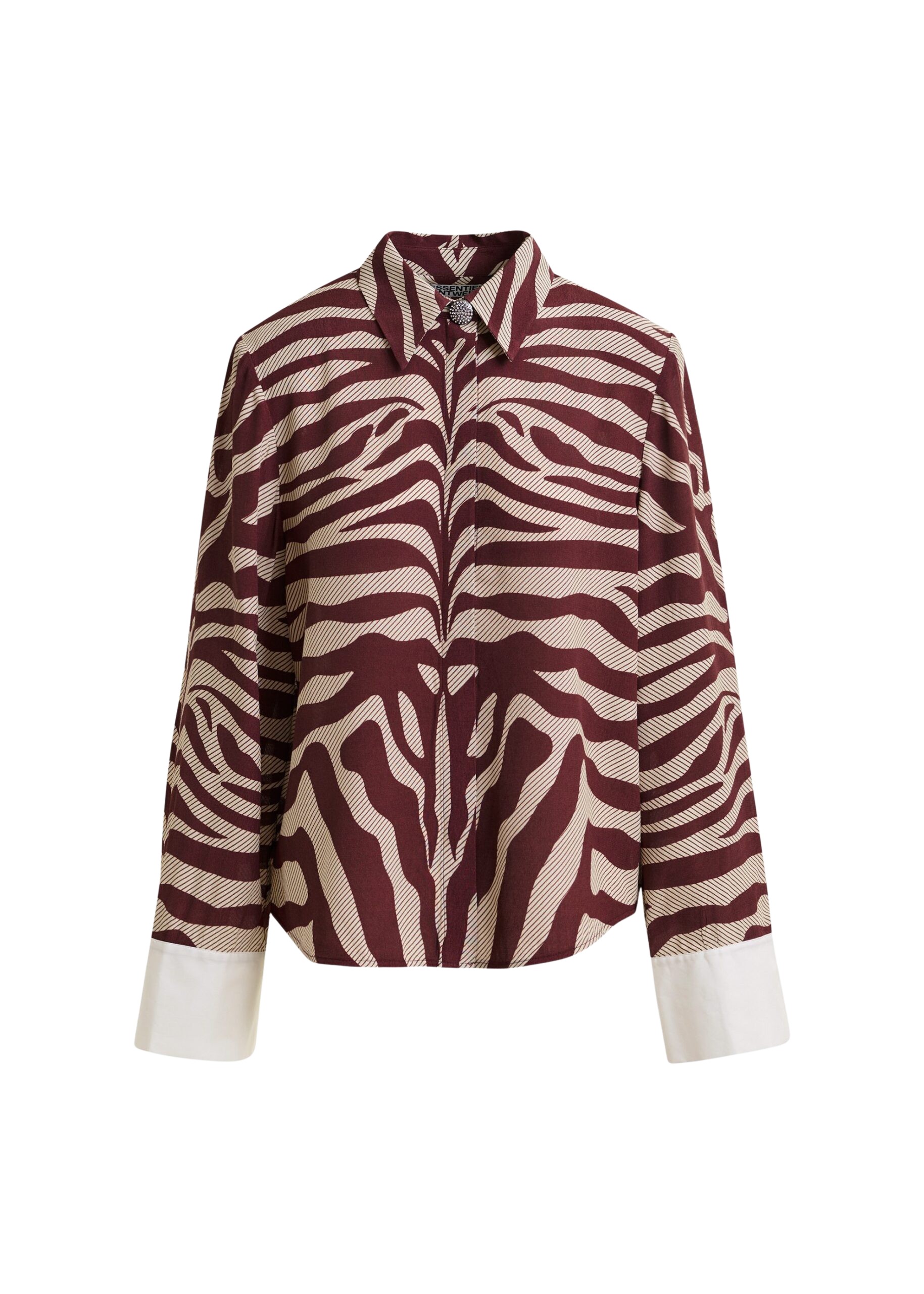 Essentiel Antwerp Off-white and burgundy zebra-jacquard shirt with rhinestone-encrushed button